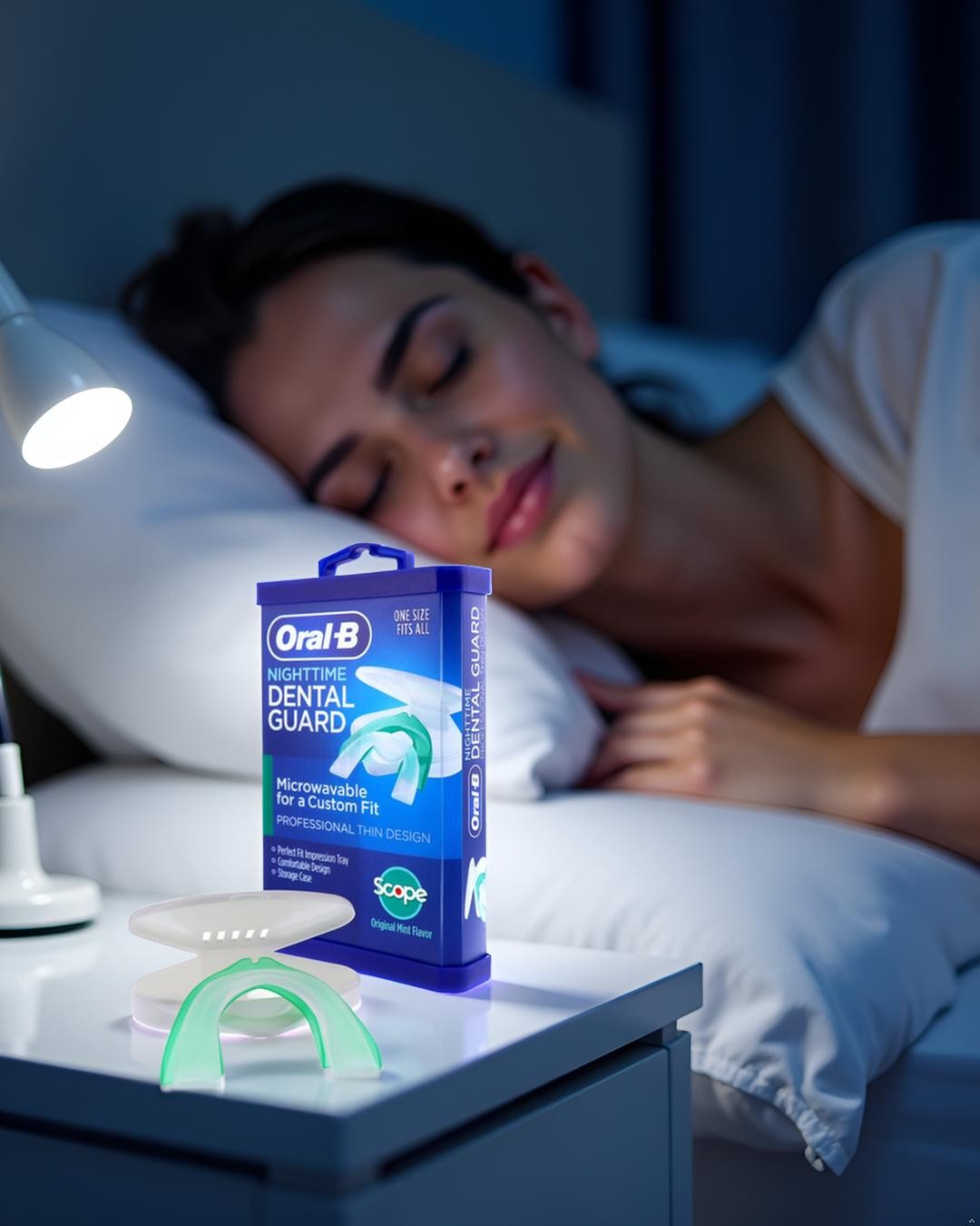 Person sleeping peacefully with Oral-B Nighttime Dental Guard package on the nightstand under warm lamp light